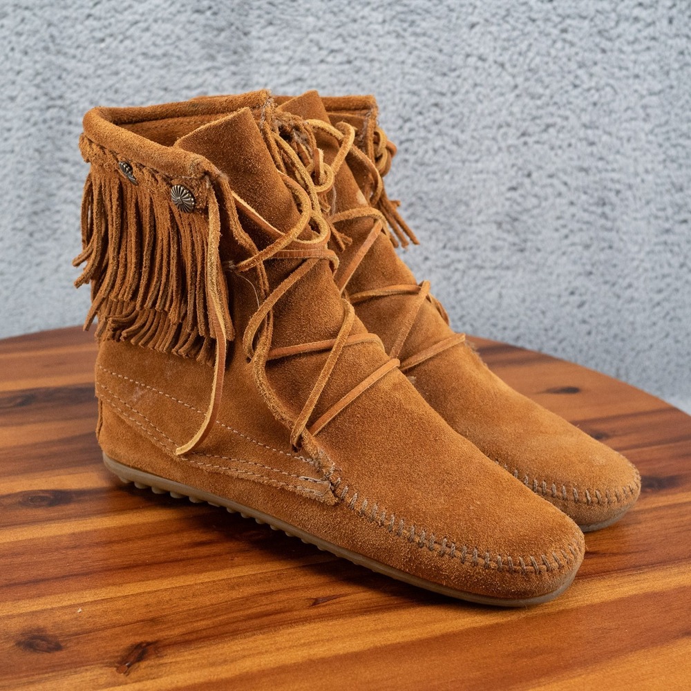 Minnetonka Double Fringe Tramper Brown Suede Boot Size 6